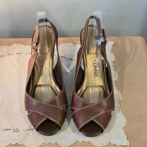 Connie Women's Brown Slingback Sandals, Open-Toe Slingback, 3.5" Wedge. Size 9.5